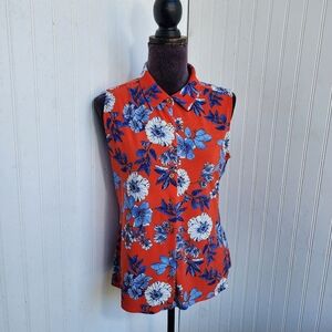 Tommy Hilfiger Sleeveless Collared Button-Front Top Orange Blue Floral Stretch M